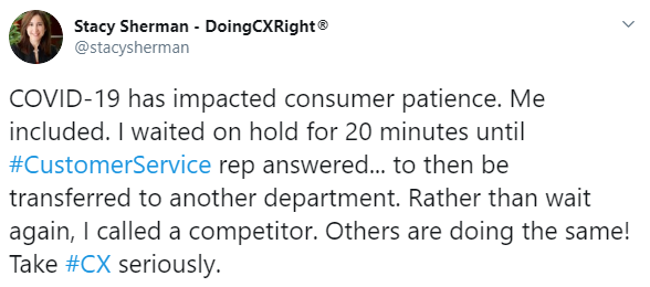 Stacy Sherman's tweet about consumer patience running out. 